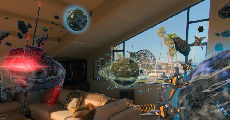 a living room with augmented reality generated planets and space stations floating around it.